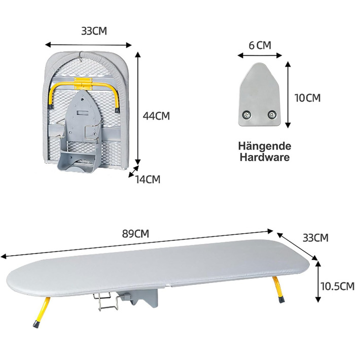 Настінна розкладна дошка для прасування Wandmontierbar з поворотним механізмом 180°, 92 x 31 см, чорна (сіра/жовта)