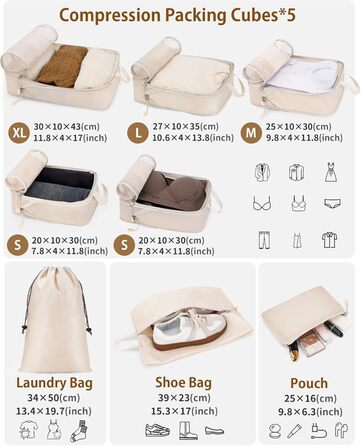 Органайзери для валізи Anjing Compression Cubes - 10 шт., компресійні куби для подорожей, сірий (бежевий)