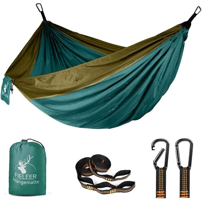 Легка туристична гамак для кемпінгу | Міцна, з карабінами та ременями, 275x140 см, 300 кг, нейлон, для відпочинку на природі та вдома, армійний зелений/камелеон