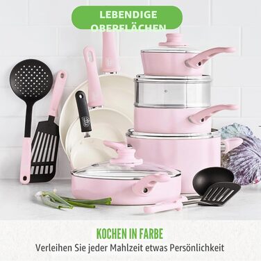 Набір кухонного посуду GreenLife Soft Grip з керамічним антипригарним покриттям, 18 предметів, без PFAS, рожевий (Soft Pink)