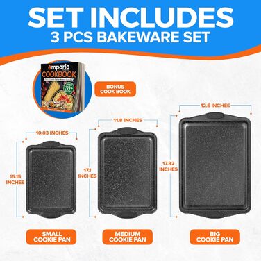 Набір форм для випічки Emporio Kitchen – антипригарне покриття, набір з 3 шт., з нержавіючої сталі, силіконові ручки, без PFOA, PFOS, PTFE, рецептурник, до 230°C (сірий)