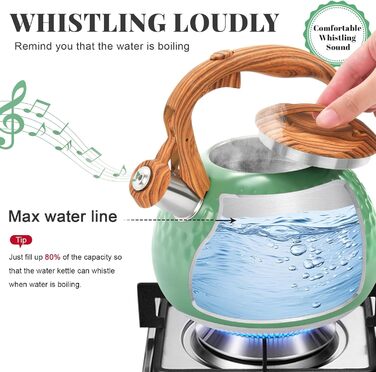 Чайник для плити GGC об'ємом 3,1 л / 3 л з свистком, для води, кави або молока, колірний градієнт сірий/чорний, з дерев'яною ручкою, нержавіюча сталь, для дому