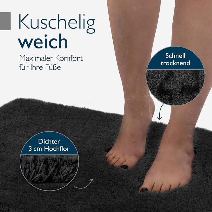 Beautissu Non-Slip Bath Mat - 120x70 cm - Plush Shaggy Bathroom Rug - Absorbent, Washable, Grey - BeauMare FL