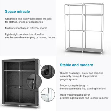 Folding Wardrobe 108x45x170 cm in GRAY - Fabric Clothes Closet with Zipper and Clothes Rail, Side Pocket and Compartments - Shelving Unit, Metal Frame, Storage