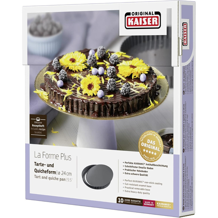 Original Kaiser La Forme Plus Tart Pan with Lifted Bottom 24 cm, Quiche Pan non-stick coated, removable enamel base, cut-resistant, ready-to-serve 24 cm individual tart pans