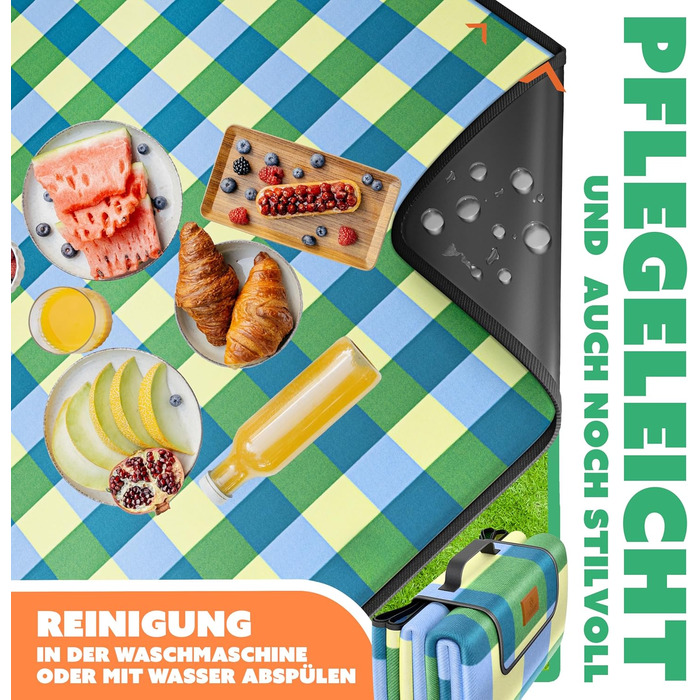 KESSER® Picnic Blanket Camping Blanket XXL 200 x 200 cm - Warm Insulated with Waterproof Bottom, Carrying Handle. Foldable Beach Blanket, Picnic Blankets for 4-6 People. Washable Picnic Blanket (Blue / Green)