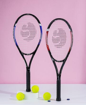 Senston Adult Tennis Racket Set - 2 Rackets, 3 Balls, 2 Grips, Vibration Dampeners (Red & Blue)
