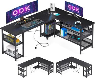 Ігровий стіл ODK L-подібний, чорний, з розетками та USB, 168×120 см, з великим простором для зберігання