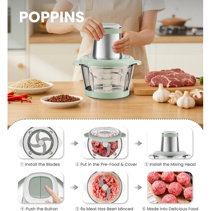 Електричний подрібнювач для кухні ESoundvol 400W з чашею 2л та 4 лезами з нержавіючої сталі для м'яса, овочів, горіхів, дитячого харчування