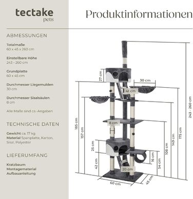 Дерево для котів Tectake, велике XXL, високе, регульоване по висоті 243-260 см, з драбиною, будиночком, тунелем, лежаком та стовпчиком з сизалю - сірий