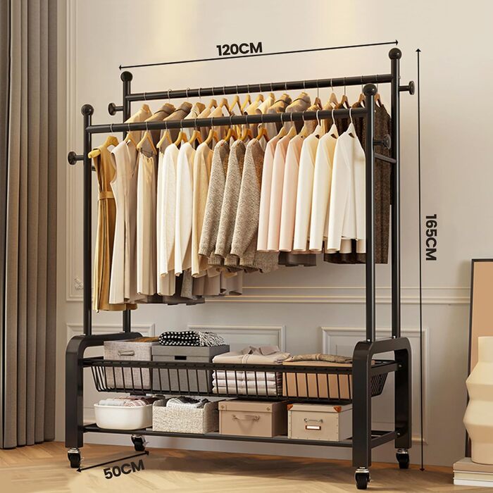 Стійка для одягу на колесах, чорна, з двома перекладинами, подвійне зберігання