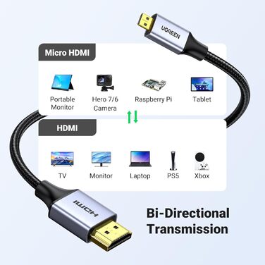 Кабель Micro HDMI - HDMI UGREEN 4K 2.0 з Ethernet, 1 м, 1080P, HDR, ARC, сумісний з Raspberry Pi