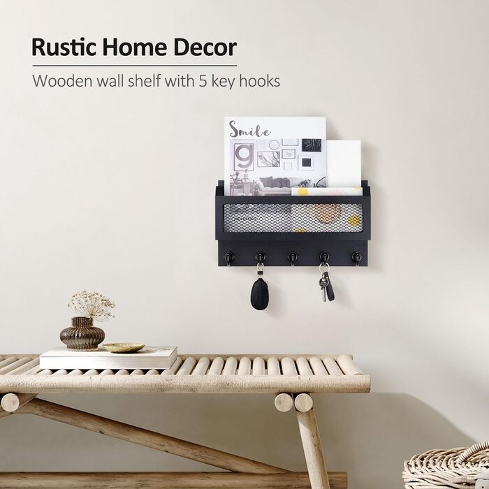 Brief and key holder for wall decoration, 27.9 cm (11 inches) wooden wall key organizer with 5 key hooks, wall mount, storage shelf for entryway, hallway (white) (black)