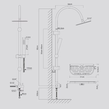 Gorch Rain Shower System with Shelf, Shower Set without Shower Faucet (20x20cm) (UYT-D20CP-Shelf, Chrome)