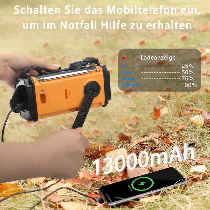 Радіоприймач на сонячній батареї та з ручним генератором 13000mAh, AM/FM, USB-зарядка, ліхтар 800LM, компас, SOS-сигнал, помаранчевий | Аварійний комплект для виживання
