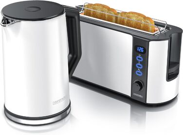 Arendo - Kettle and Toaster Set, Stainless Steel White, Kettle 1.5L 40°-100°C Keep-Warm Function, Toaster 2 Slices LED Display, 6 Browning Levels, Bread Roll Attachment, B: White