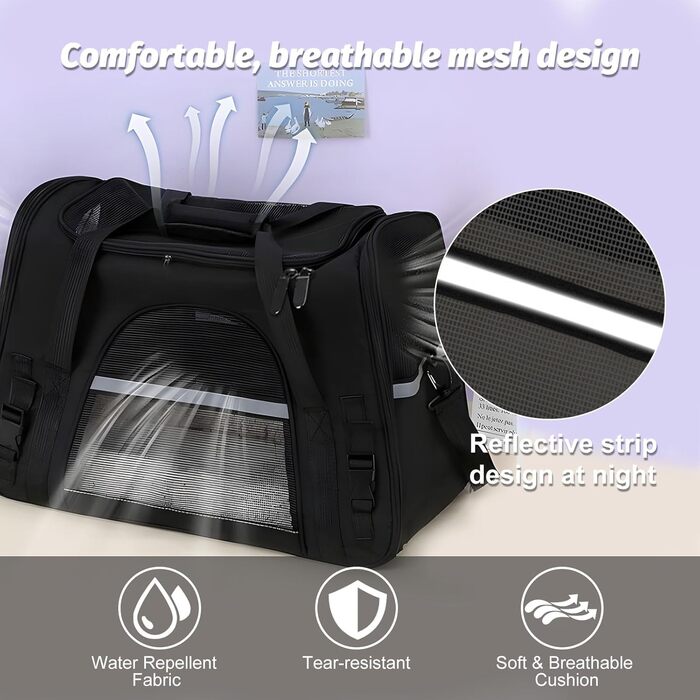 Транспортна сумка для тварин з підстилкою з флісу, чорна. Підходить для котів та собак до 10 кг