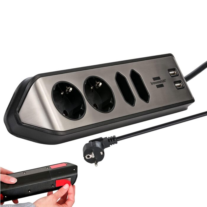 Бренненштуль Estilo Розподільний блок розеток у кут 4-fach (настільна мережа з поверхнею з нержавіючої сталі для кухні та офісу, з 2 розетками з заземленням, 2 розетками Євро, з USB-функцією зарядки) (USB A, срібно/чорний)