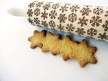 Snowflake Rolling Pin with Pattern Christmas Baking - Dough Roller Wood for DIY Christmas Cookies and Ceramics - Engraved Cookie Roller with Motif - 3D Cookie Roller by Algis Crafts
