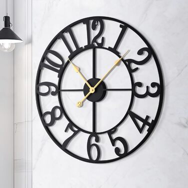 HAITANG Large Vintage Wall Clock, round, metal silent (no ticking), battery-powered, 40cm, 16 inch Roman numerals, clocks for living room, bedroom, kitchen wall clock decoration (Black Arabic numerals, 100 cm)