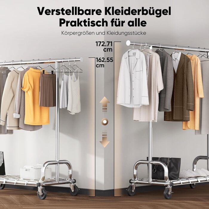 Вішалка для одягу HOKEEPER на колесах, вантажопідйомність 204 кг, висувна штанга для одягу S005