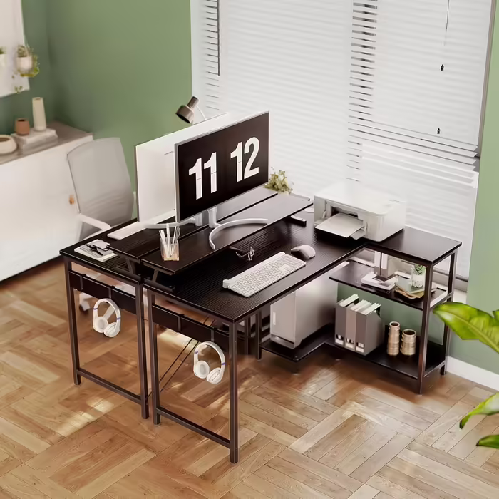ODK L-Shaped Desk, Desk with Shelf Reversible, Gaming Desk L Shape Desk with Monitor Stand, Computer Desk PC Desk Office Desk for Home Office (Brown, 120x80x88cm)