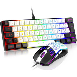 RedThunder K62 Бездротова ігрова клавіатура та миша, RGB, AZERTY, 62 клавіші, міні, для PC PS5 (Біло-Чорний)