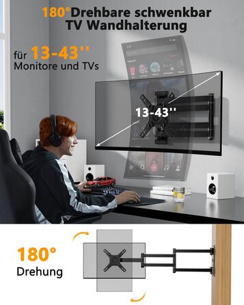 Настінне кріплення для телевізора WHYFONE поворотне 180°, подовжений кронштейн 1036мм, для 13-43