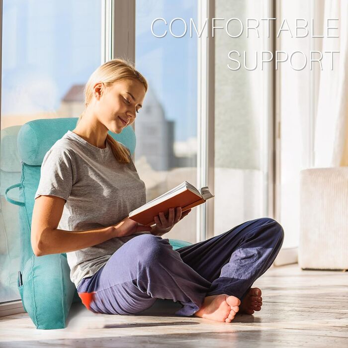 Подушка для читання з велюру, подушка для сидіння в ліжку для дорослих, спинка для ліжка з круглою подушкою, подушка для відпочинку в ліжку з підтримкою спини та рук, кишеню та знімний чохол (Синій / Зелений)