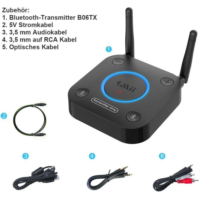 1Mii B06TX Bluetooth 5.2 Передавач для ТВ з aptX HD та низькою затримкою, велика дальність дії, аудіоадаптер для 2 навушників або динаміків, 3,5mm AUX/Оптичний/Коаксіальний вихід, регулювання гучності