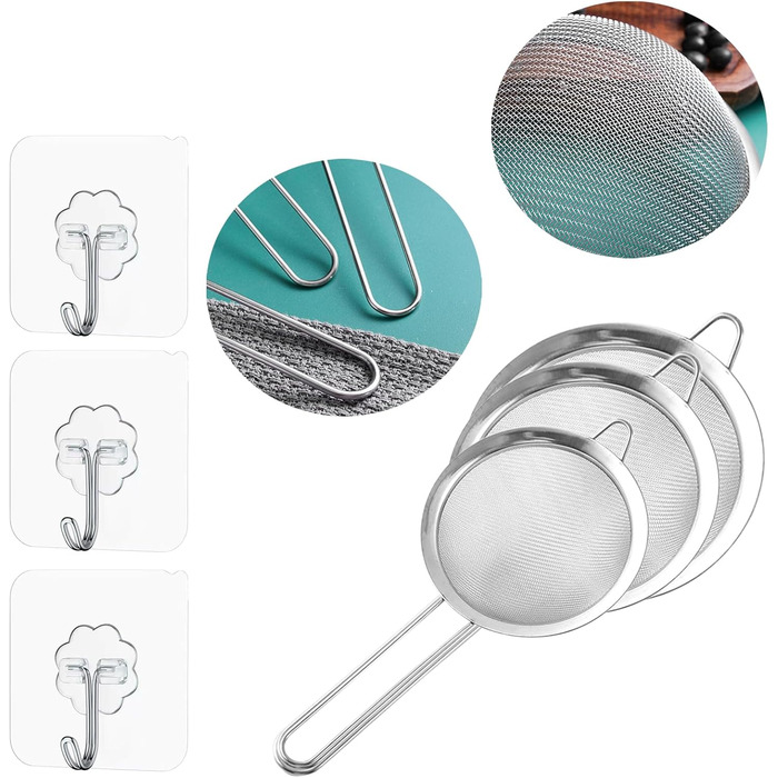 Набір сит з нержавіючої сталі Hinapan (3 шт.), дрібний профіль, стабільні ручки, 3 гачки, придатні для миття в посудомийній машині, ідеально підходять для борошна, рису, кіноа, чаю та макаронів