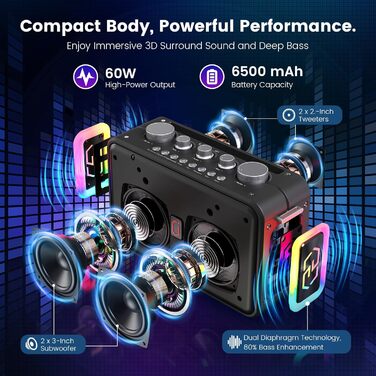 Караоке-система HWWR MS81 з 2 мікрофонами Bluetooth 5.3, підтримка USB/TF-карти/AUX, функція запису, для дому та вечірок, чорний колір