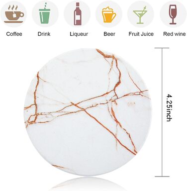 Fun coasters for drinks, marble-style, absorbent ceramic coasters with metal stand, housewarming gifts, decor set of 6, with cork base for wood table (White)