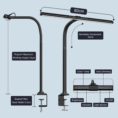 LED лампа для столу 24W, 80 см, регульована яскравість, зміна колірної температури, захист очей, без відблисків, для офісу та дому