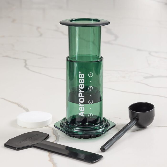 AeroPress Clear Coffee Press – 3-in-1 Coffee Maker combines French Press, Pour Over & Espresso – Full-bodied Coffee without Bitterness – Portable Mini Coffee Maker for Travel, Transparent (Standard, Green)