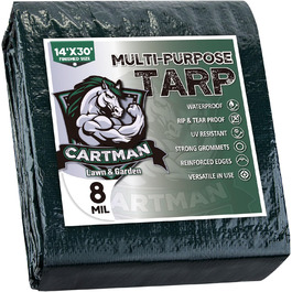 CARTMAN Finished Size 12x40 Feet Waterproof Green Tarp 8 Mil Thick, Multipurpose Protective Cover for Emergency Rain Shelter Camping Tarpaulin (Approximately 4.5x9m)