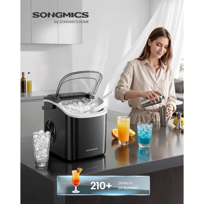 Льодогенератор SONGMICS з автоочищенням, 12 кг/24 год, 2 розміри кубиків льоду, портативний, для кухні, вечірок, кемпінгу, чорний XZB001B1EU