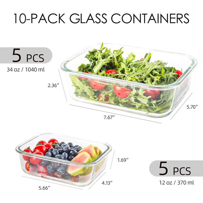 Набір з 10 скляних контейнерів для зберігання продуктів, з кришкою, BPA-Free, підходить для мікрохвильової печі, морозильника та посудомийної машини (Рожевий)