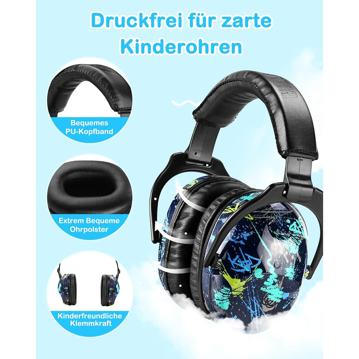 Навушники для захисту від шуму ZOHAN 030 для дітей 3-18 років, блакитні, з графіті