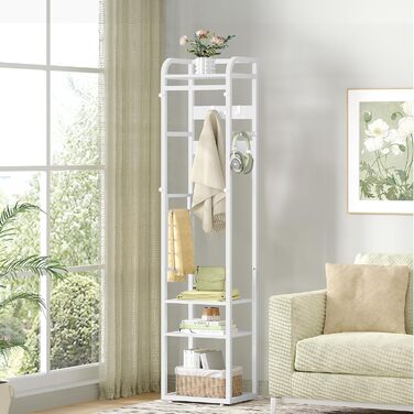 Настінна вішалка для одягу з 4 полицями та 13 гачками, 30 x 40 x 186 см, біла