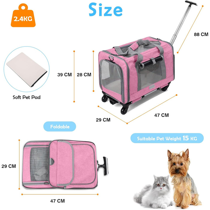 Переноска для тварин ALLSOPETS з колесами для котів та собак, схвалена для авіаперельотів, з висувним ручками, знімними колесами та плечовим ременем, рожева