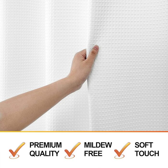 Драпіруваний душовий завіс: великий, білий, з текстурою вафельного плетіння, з тканини, міцний, готельний, для ванної кімнати, 183x244 см