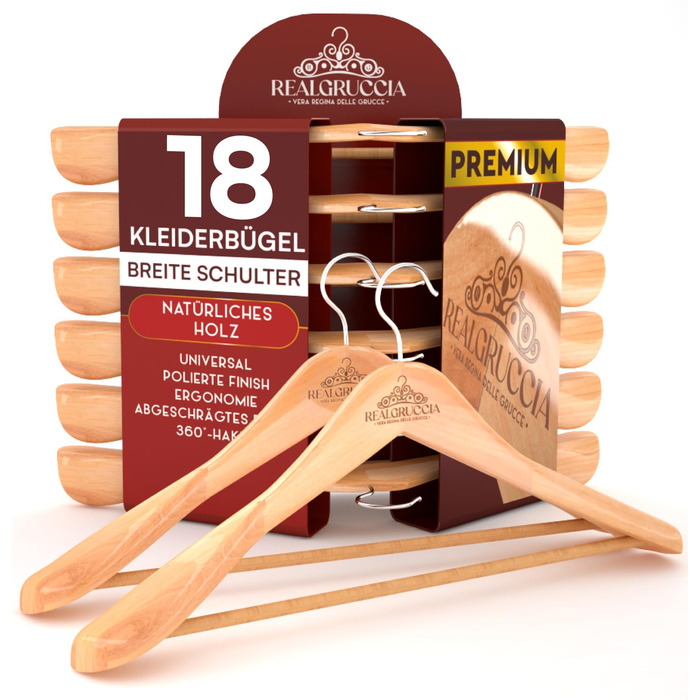 Дерев'яні вішалки для одягу RealGruccia (18 шт.) - 22x45 см, антиковзаючі, для штанів, костюмів, сорочок, темний коричневий колір