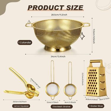 Sawysine Gold Кухонний набір преміум класу: сито золотого кольору, 2 сита, прес для лимонів, 4-стороння терка з нержавіючої сталі (5 літрів)