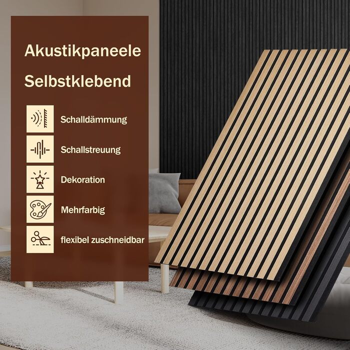 Акустичні панелі з дерев'яного шпону самоклеючі, набір 2 шт (100x52 см), звукопоглинаючі стінові панелі для шумоізоляції та декору вітальні, офісу (Чорний)