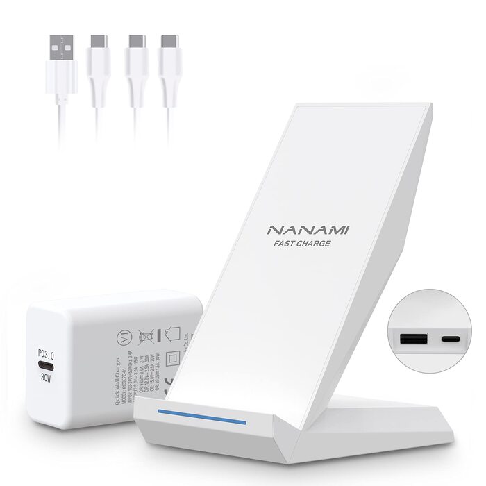 Бездротовий зарядний пристрій NANAMI 30W USB-C з індукційним підсвічуванням, 2-в-1 для iPhone та Samsung