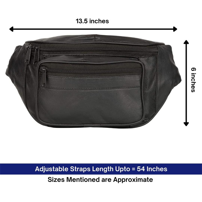 Liberty Leather Belt Bag made from Nappa leather with multiple pockets for outdoor use, travel, adjustable hip belt, fanny pack for hiking, cycling, running, fashion, Medium, (Black, 220)