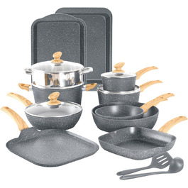 Kitchen Academy 17-Piece Induction Cookware Set with Glass Lids and Granite Coating, including Frying Pans and Pots (gray, 17 piece)