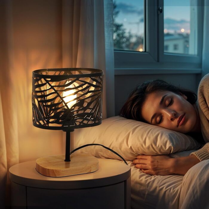 Настільна лампа дерев'яна вінтажна E14, чорна з дерев'яним цоколем та металевим абажуром, для дитячої кімнати, вітальні, спальні, бару