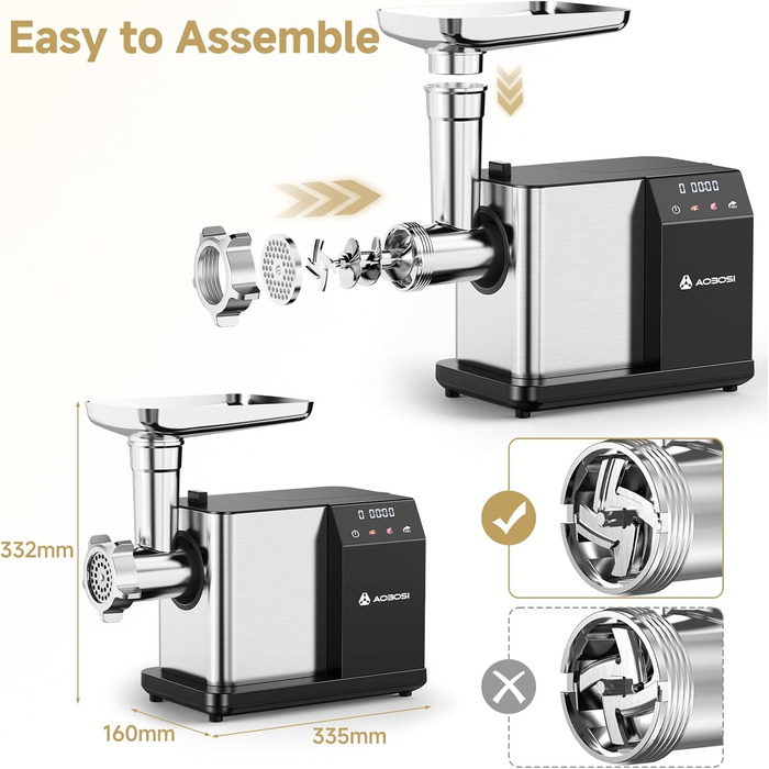 AAOBOSI Electric Meat Grinder - 3000W MAX with LED Display, 3 Speeds, Anti-Clogging Technology, Built-in Storage Box, Sausage Maker & Kibbeh Maker for Home Use